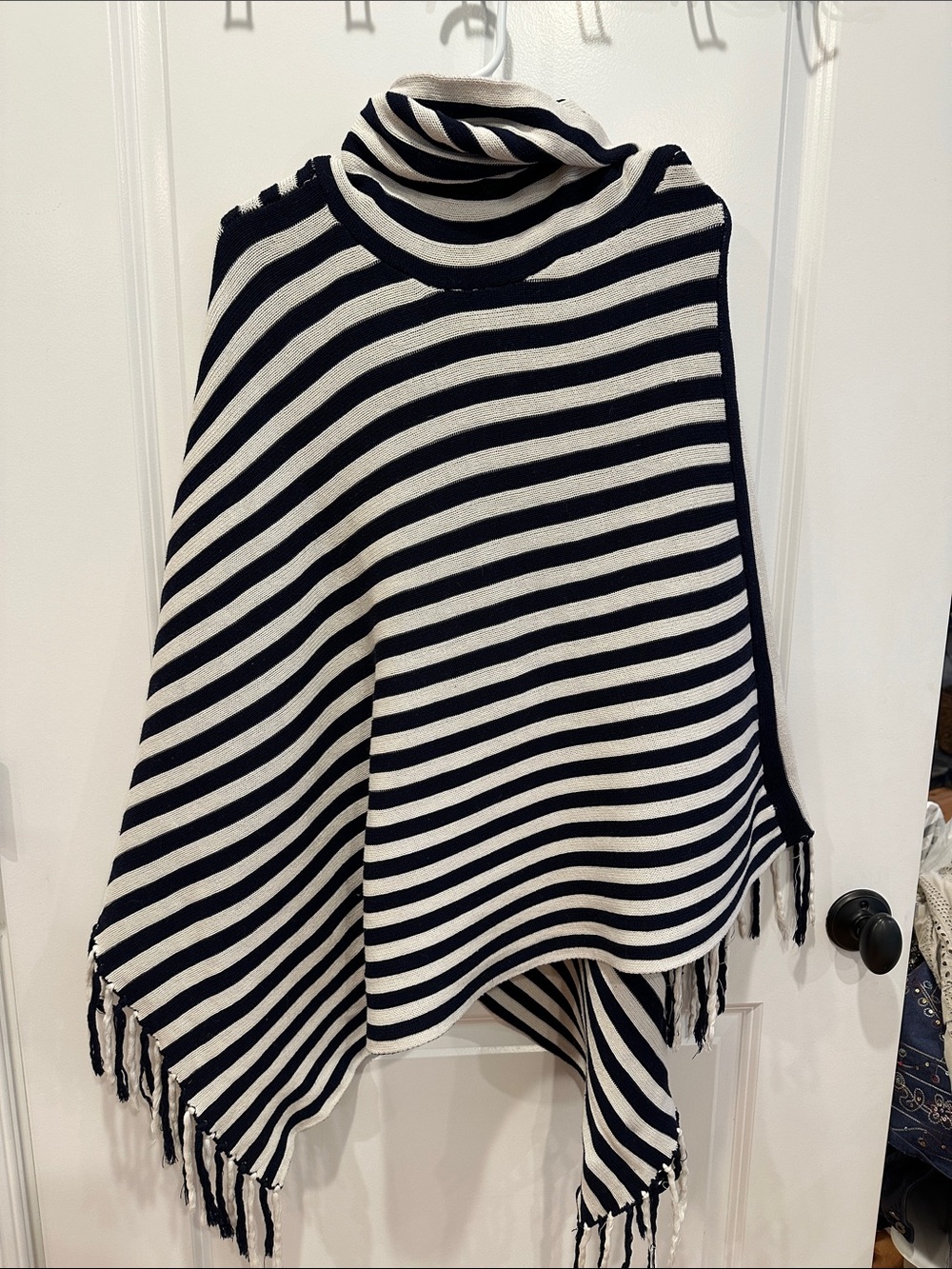 The Limited Navy and White Striped Turtleneck Fringe Poncho